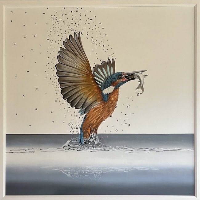 painting of kingfisher catching a fish