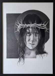 Charcoal drawing of girl with crown of thorns by Mick Davis