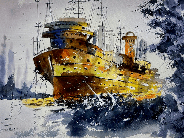 watercolour painting of a ship