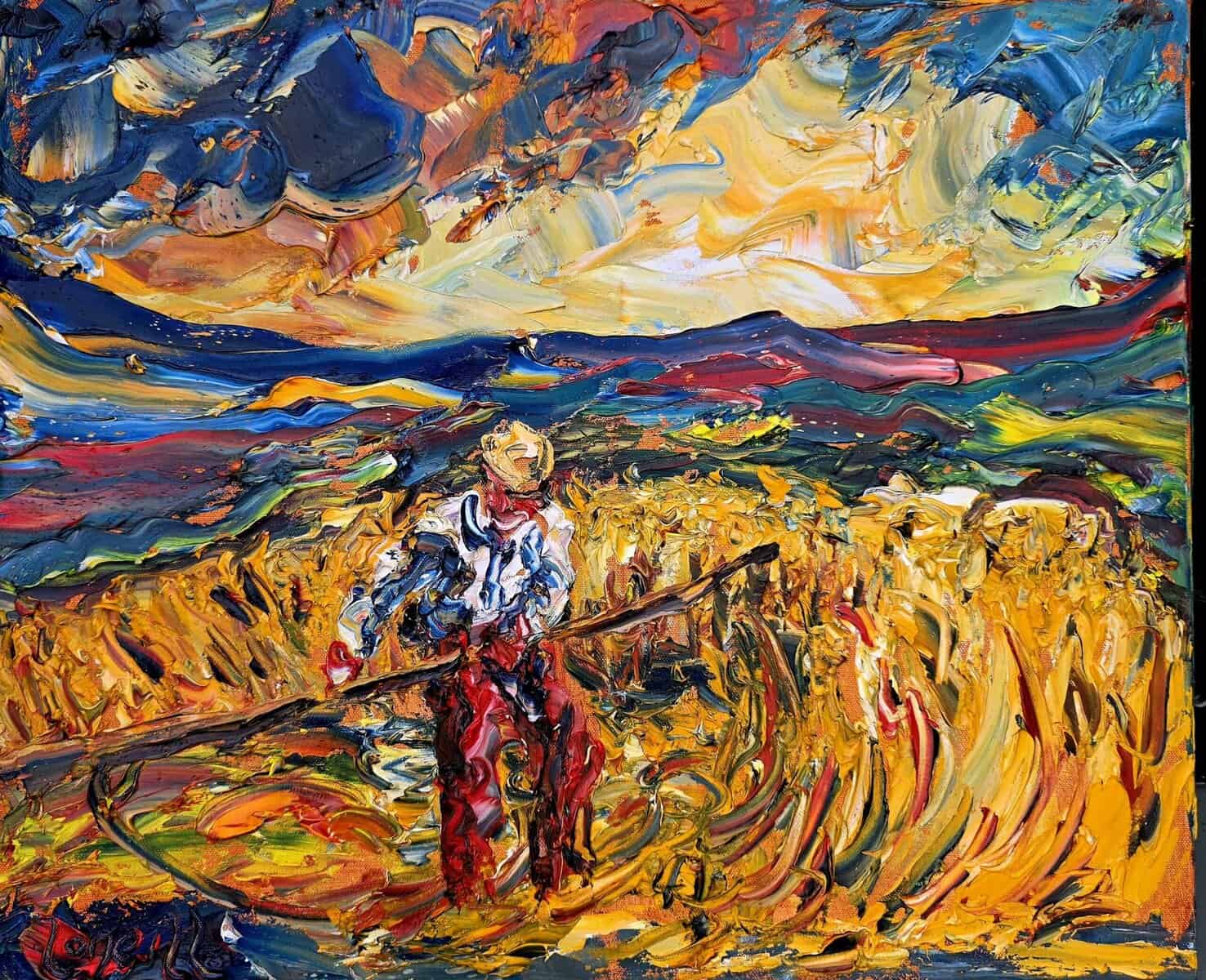 Man with scythe painting by Liam O Neill