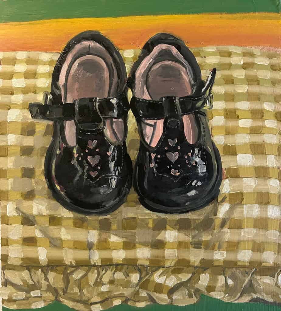 Painting of little girls shoes by Rhonwen Hayes